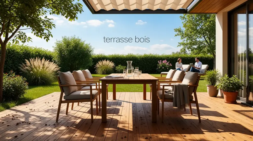 terrasse bois moderne avec mobilier sur jardin