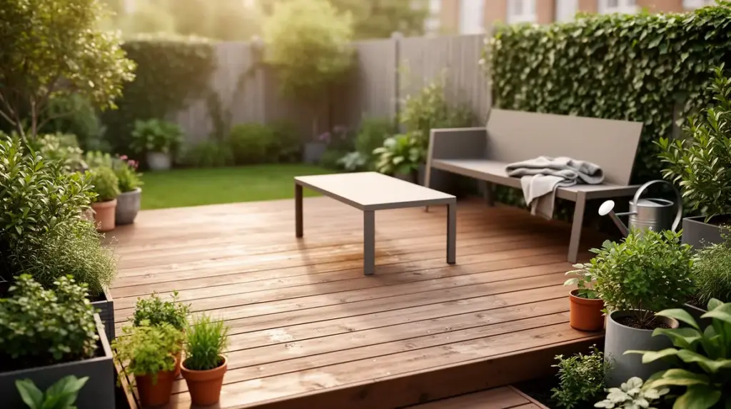 terrasse bois soignee et chaleureuse dans petit jardin