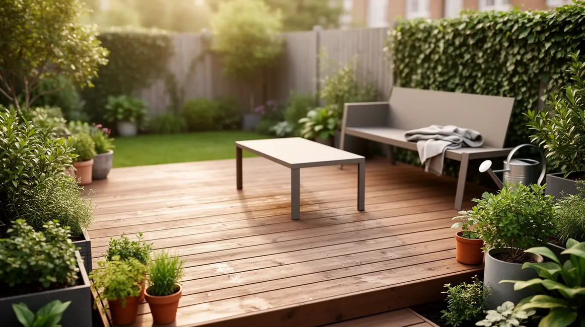 terrasse bois soignee et chaleureuse dans petit jardin