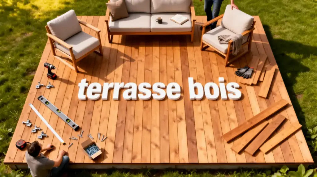 Vue terrasse bois avec salon outils pose