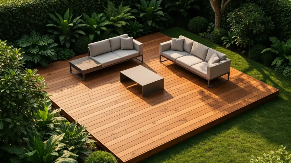 Vue aérienne terrasse bois moderne et élégante extérieur