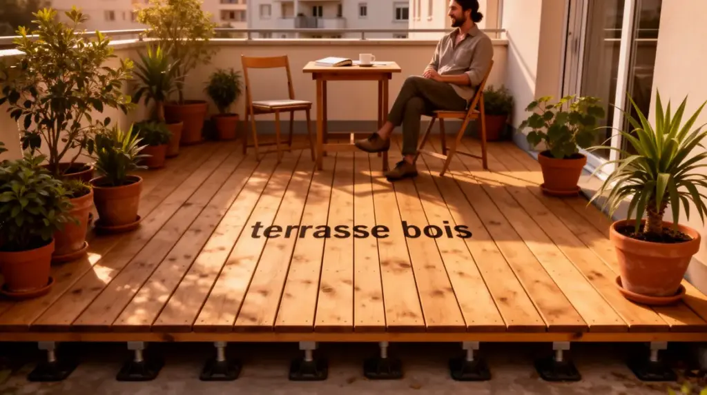 terrasse bois petit budget avec plots et mobilier simple