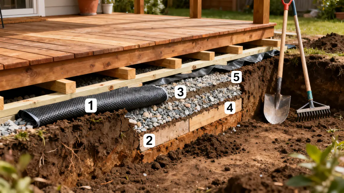 etapes sol terrasse bois gravier geotextile plots