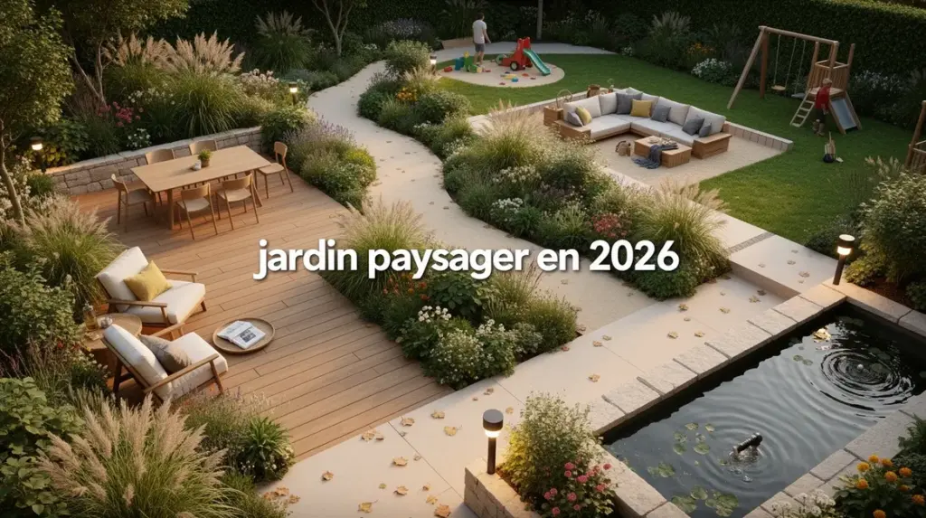 jardin paysager 2026 aérien diversité plantes multifonction matériaux naturels