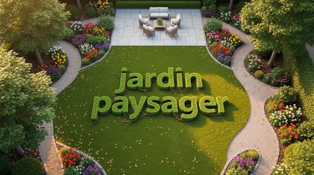 Photo aérienne jardin paysager moderne avec lettres végétales