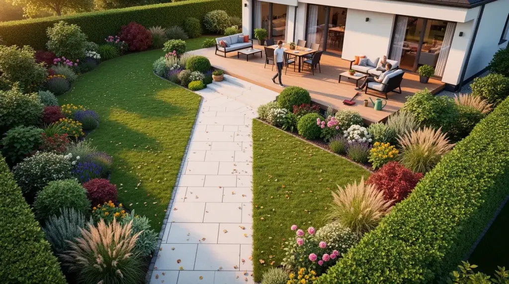 Jardin paysager organisé avec terrasse, allée, haie
