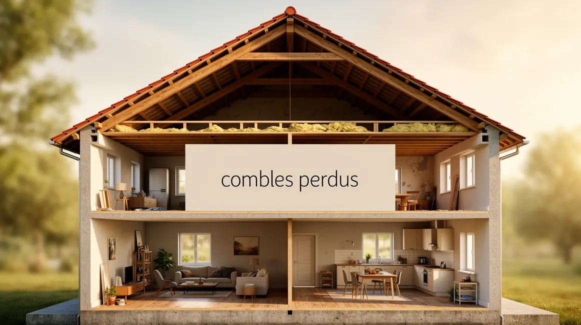 Coupe maison combles perdus sous toiture