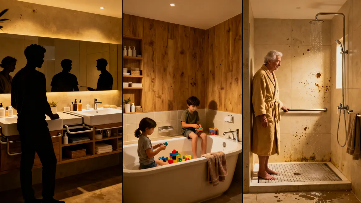 salle de bains familiale : questions à se poser avant d’agir 3 Espace salle de bains familiale divisé adultes double vasque enfants baignoire senior douche