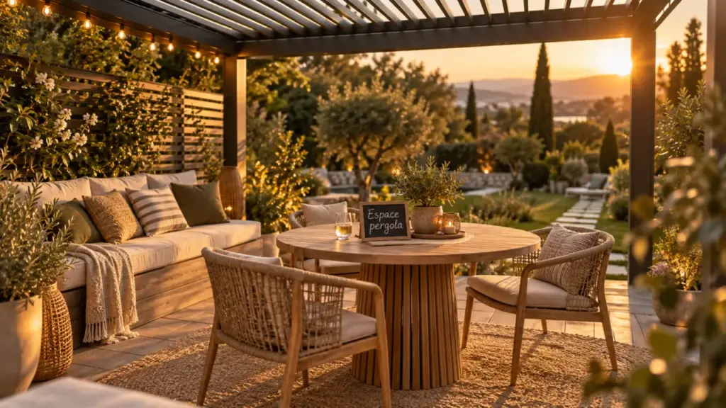 Aménagement pergola extérieur : espace détente sous une pergola bioclimatique le soir