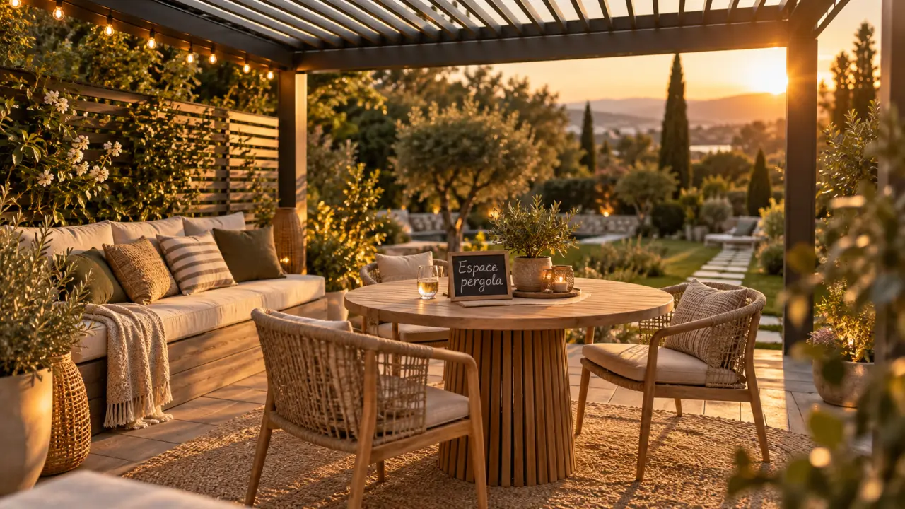 Aménagement pergola extérieur : espace détente sous une pergola bioclimatique le soir