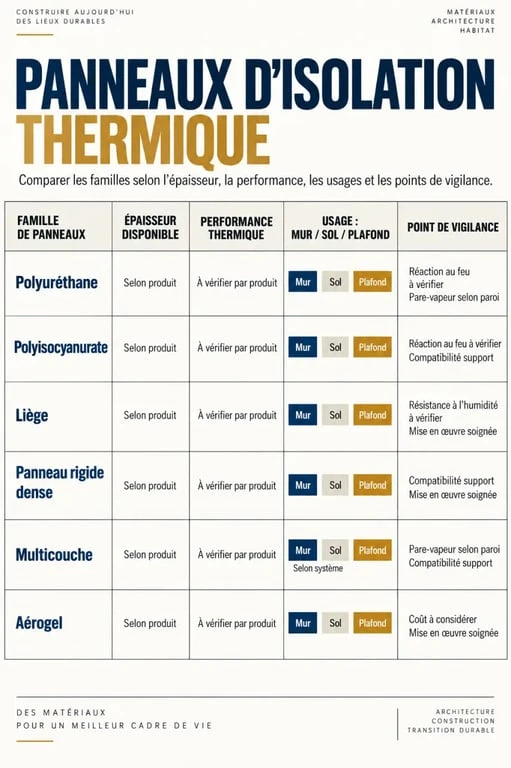 Plaque isolation thermique : gagner de la place sans sacrifier le R ni les aides 3 Comparaison visuelle des familles de plaque isolation thermique selon l’épaisseur, l’usage et la performance