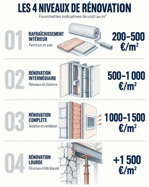 Infographie entreprise renovation : niveaux de travaux et fourchettes de prix au mètre carré