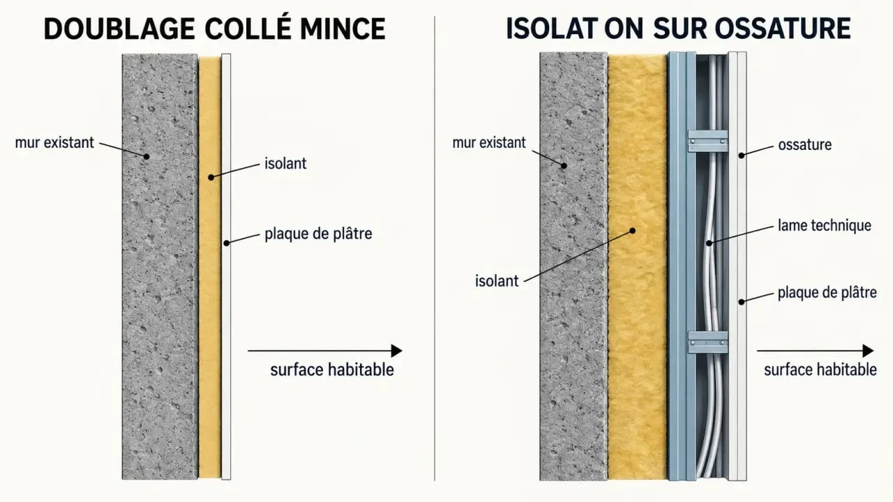 Schéma comparatif d'une isolation fine de mur par doublage collé et par ossature