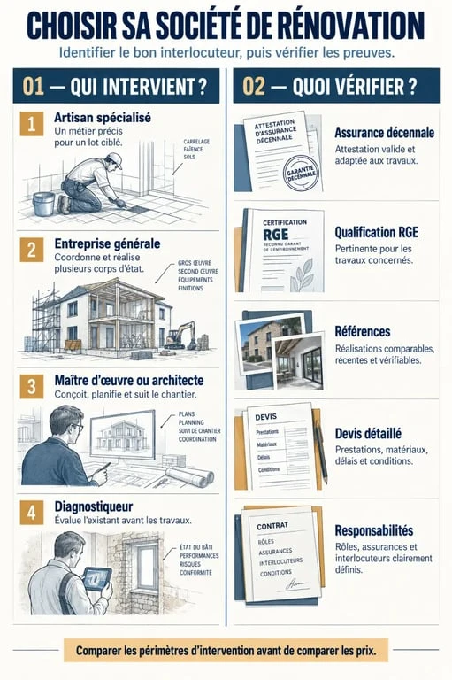 Société de rénovation : vérifiez ces points avant de signer un devis 3 Infographie pour choisir une société de rénovation et vérifier ses qualifications, assurances et devis