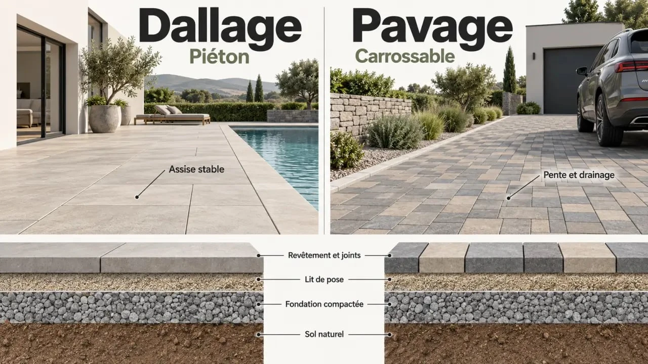 Pavage ou dallage extérieur : un support mal préparé fissure même la plus belle terrasse 3 Infographie comparative sur le pavage dallage extérieur pour terrasse, piscine et accès carrossable