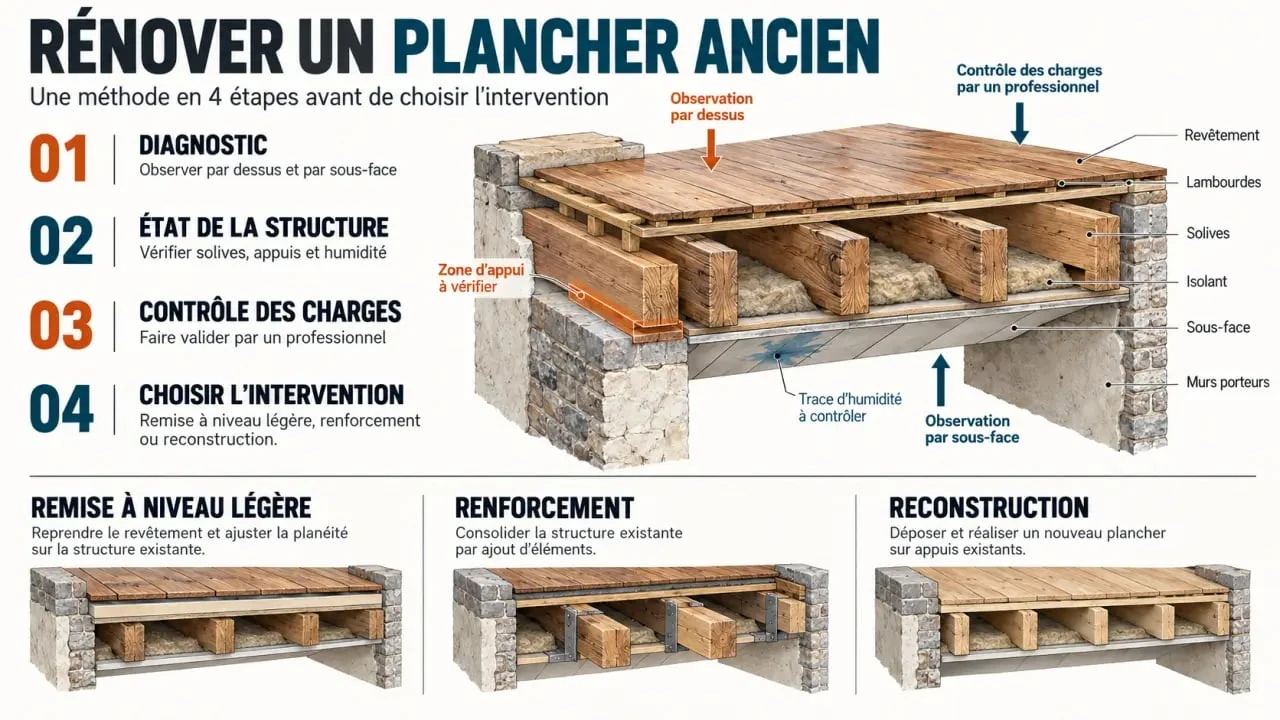 Étapes de rénovation d’un plancher de maison ancienne : diagnostic, renforcement et reconstruction