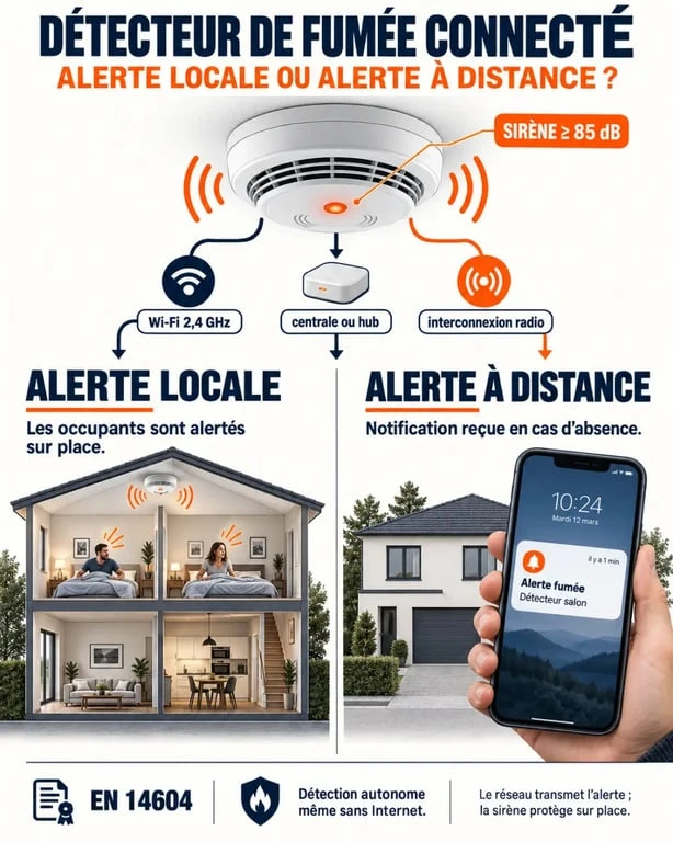 Infographie sur le fonctionnement d’un détecteur de fumée connecté et ses alertes Wi-Fi