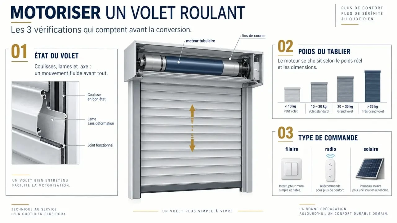 Motorisation d’un volet roulant : comment éviter un moteur mal adapté et des travaux inutiles 3 Infographie sur la motorisation d’un volet roulant et ses critères de choix