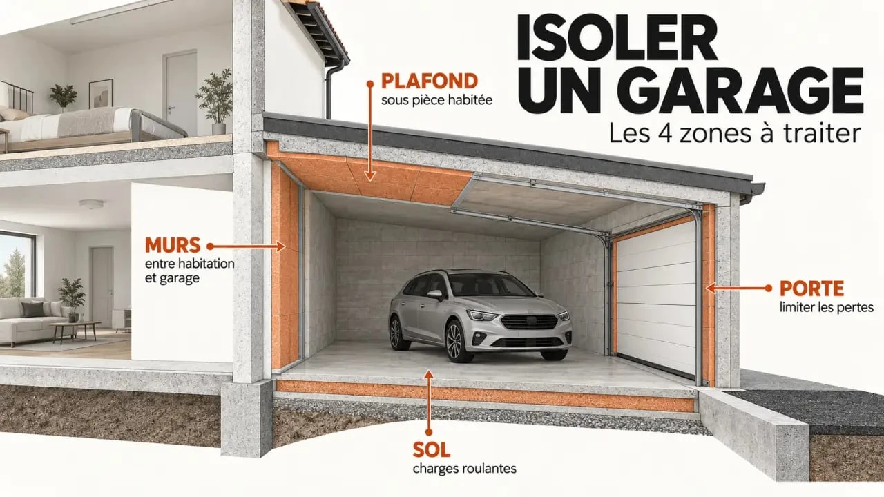 Isolation pour garage : traitez les parois prioritaires sans perdre d’espace 3 Infographie des quatre zones d'isolation pour garage : murs, plafond, sol et porte