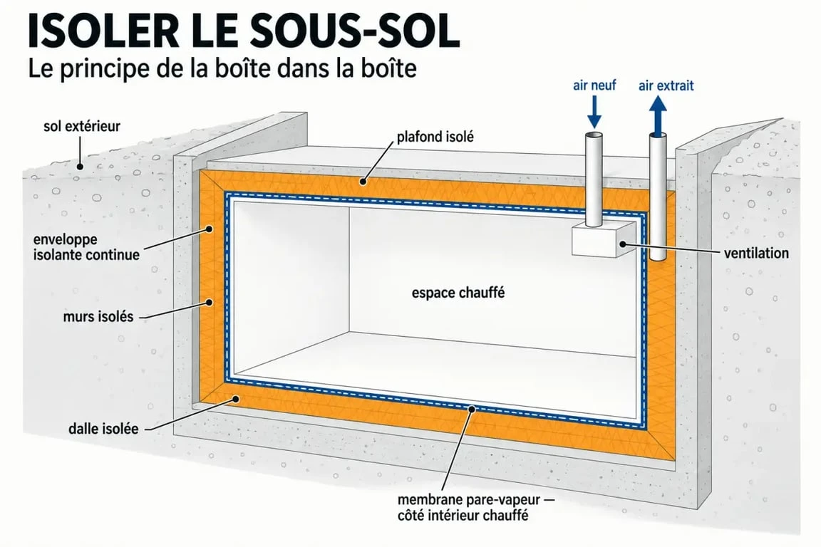 Schéma du principe de la boîte dans la boîte pour isoler le sous-sol