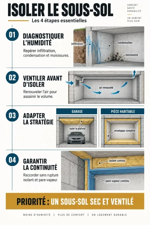 Infographie des étapes pour isoler le sous-sol en traitant l’humidité, la ventilation et les parois