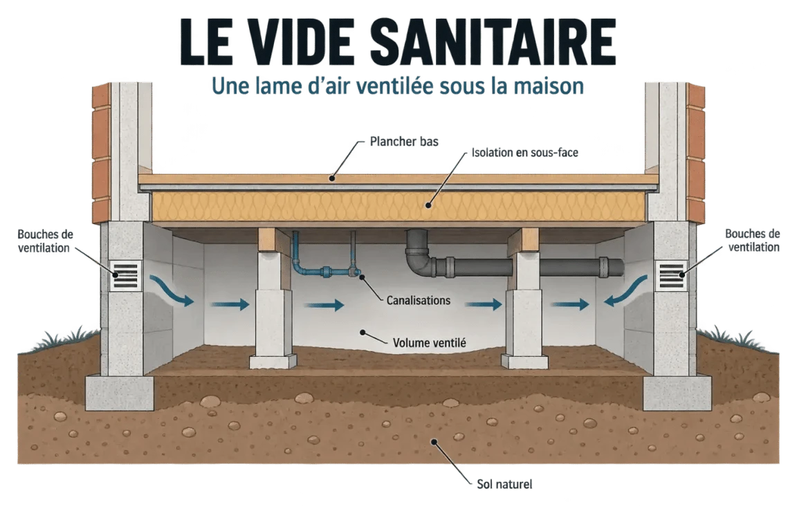 Isolation d’un vide sanitaire : gagner en confort sans enfermer l’humidité 3 Schéma explicatif de l’isolation d’un vide sanitaire par la sous-face du plancher bas