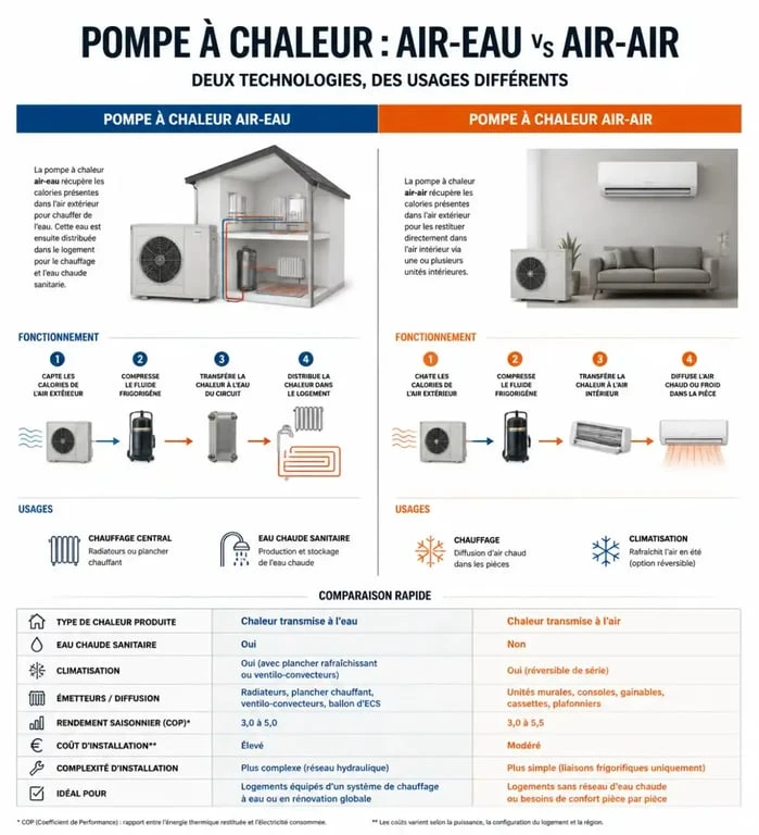 Pompe à chaleur air-eau : fonctionnement, coûts et aides pour réussir votre rénovation 4 Comparatif pompe à chaleur air-eau et air-air