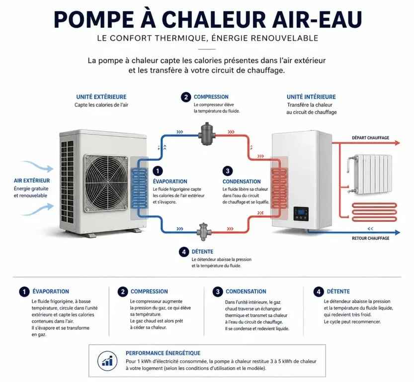 Pompe à chaleur air-eau : fonctionnement, coûts et aides pour réussir votre rénovation 3 Schéma de fonctionnement d'une pompe à chaleur air-eau