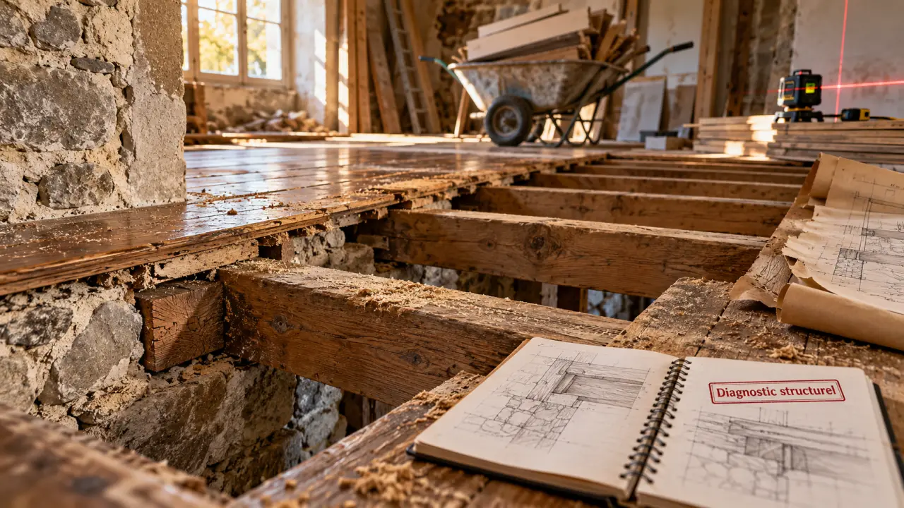 Rénovation plancher maison ancienne : plancher déposé, solives et lambourdes visibles
