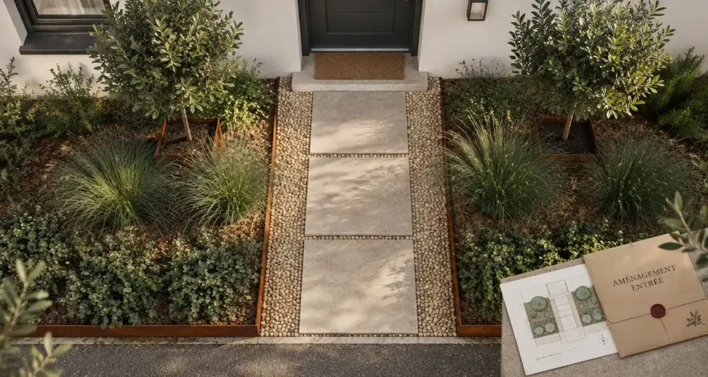 Entrée avec aménagement paysager : jardin devant maison, plantes et pavés