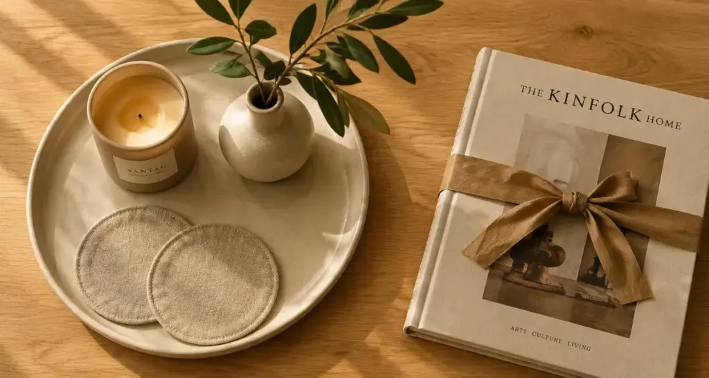 Cadeau déco maison : bougie beige, céramique et petit vase
