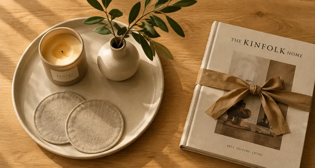 Cadeau déco maison : bougie beige, céramique et petit vase