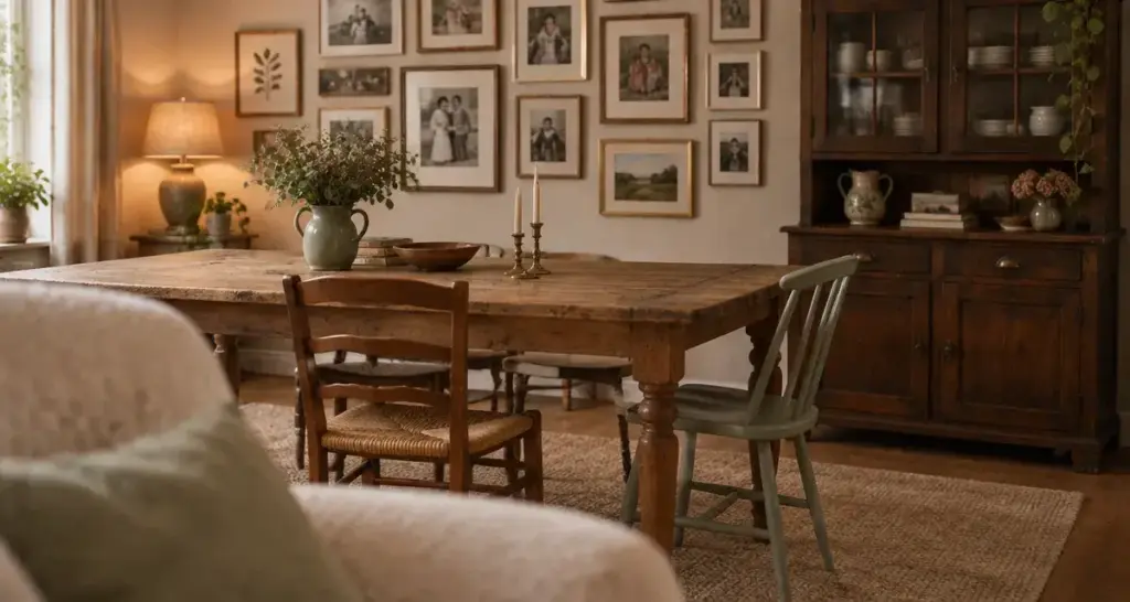 Déco maison de famille : salon chaleureux, bois patiné et velours crème