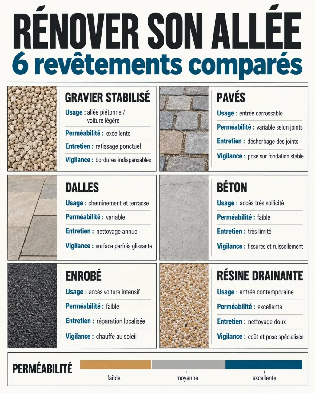 Infographie comparative des matériaux pour une rénovation allée maison