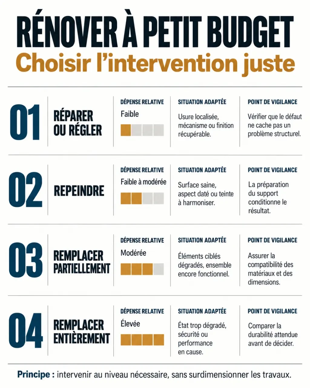 Rénovation pas cher : réparer, repeindre ou remplacer selon l’état du support