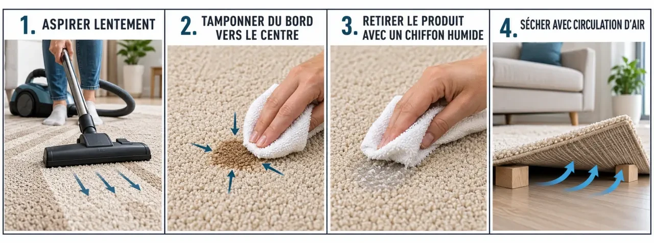 Étapes du nettoyage tapis à la maison avec aspiration, tamponnement et séchage
