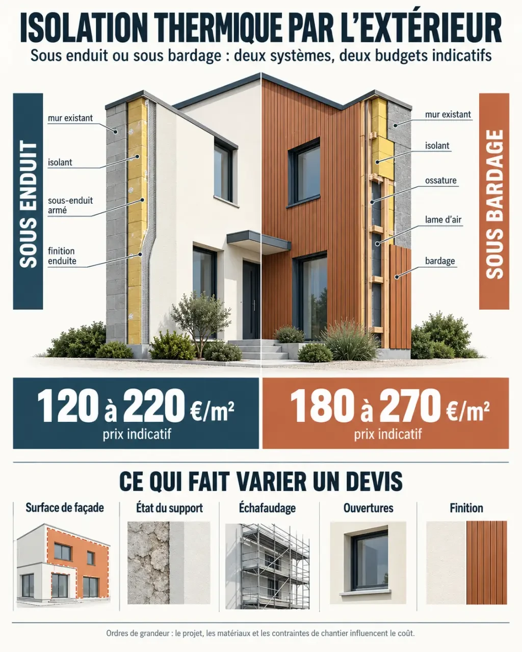Devis d’isolation extérieure de maison : le prix au m² ne suffit pas pour comparer 3 Infographie du devis isolation exterieur maison sous enduit et sous bardage avec prix indicatifs au mètre carré