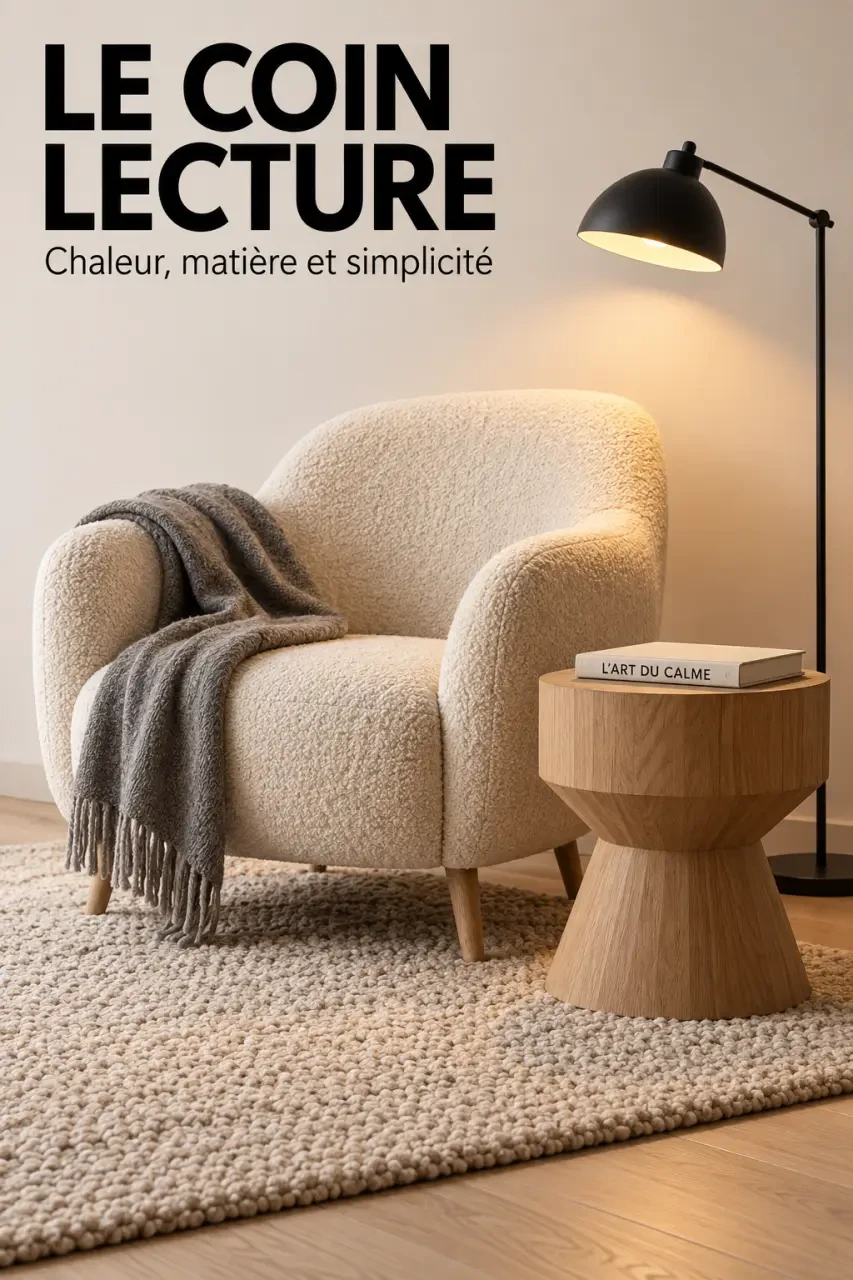 Déco scandinave cocooning : du bois clair, une lumière douce, zéro effet froid 4 Coin lecture intégré à une déco scandinave cocooning avec fauteuil, lampe chaude et plaid en laine