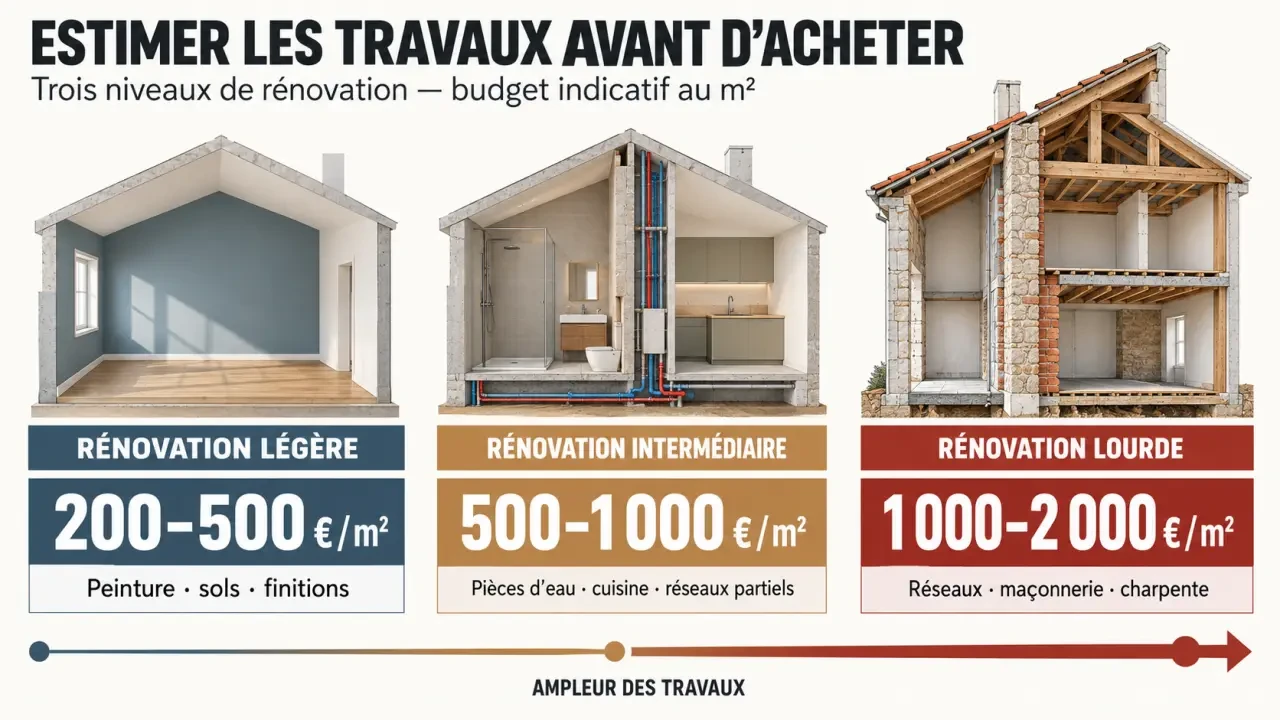 Infographie sur l'estimation des travaux d'une maison avant achat selon trois niveaux de rénovation