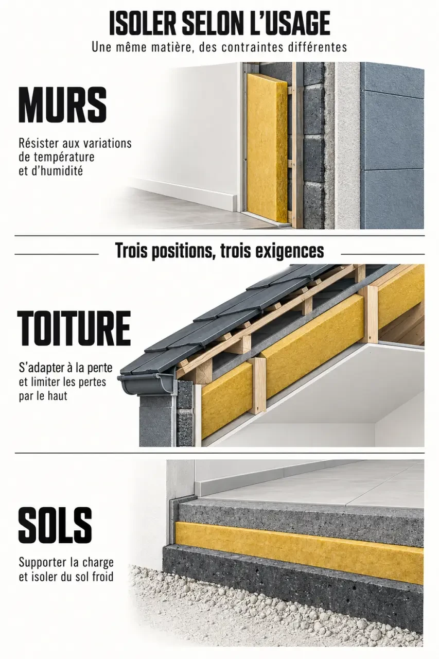 Panneau d’isolation thermique : le bon matériau dépend d’abord de la paroi 3 Panneau isolation thermique selon les usages : murs, toiture, combles et sols