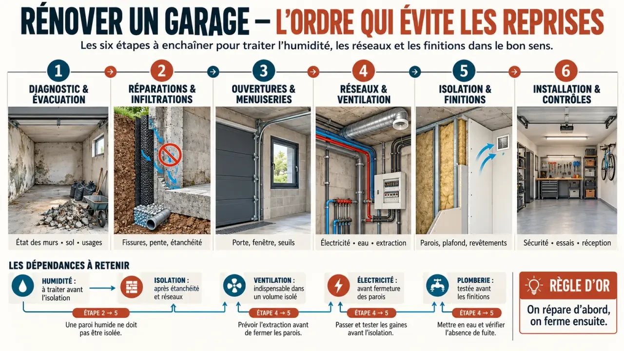 Infographie sur l’ordre des travaux pour une rénovation garage