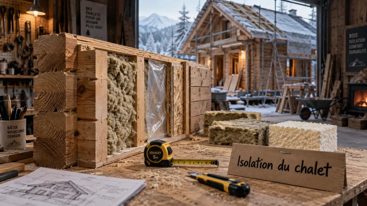 Isolation chalet bois : paroi ouverte montrant isolant et pare-vapeur, froid et condensation