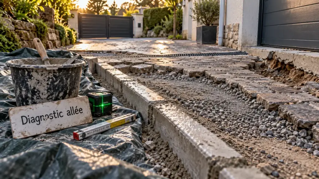 Rénovation allée maison : diagnostic fondations, pavés et sous-couche visibles
