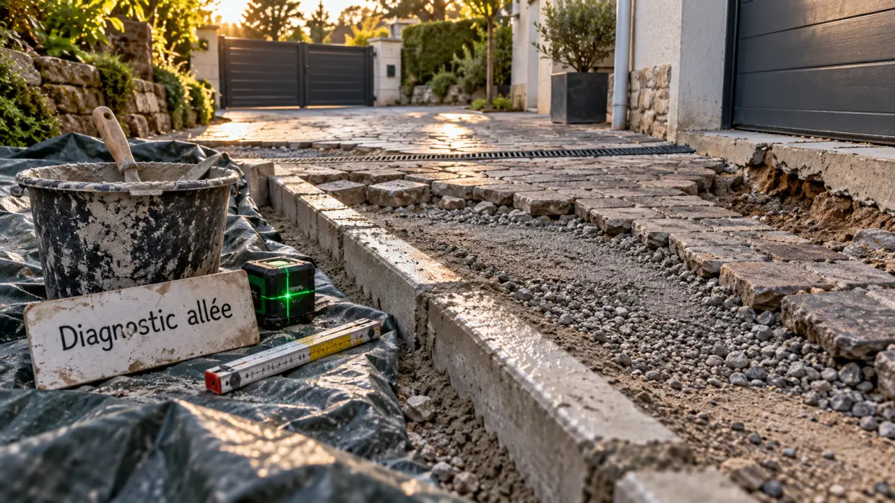 Rénovation allée maison : diagnostic fondations, pavés et sous-couche visibles